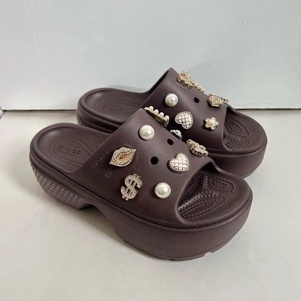 CROCS Platform Slide Mules with Gold & Pearl Charms - Picture 6 of 6